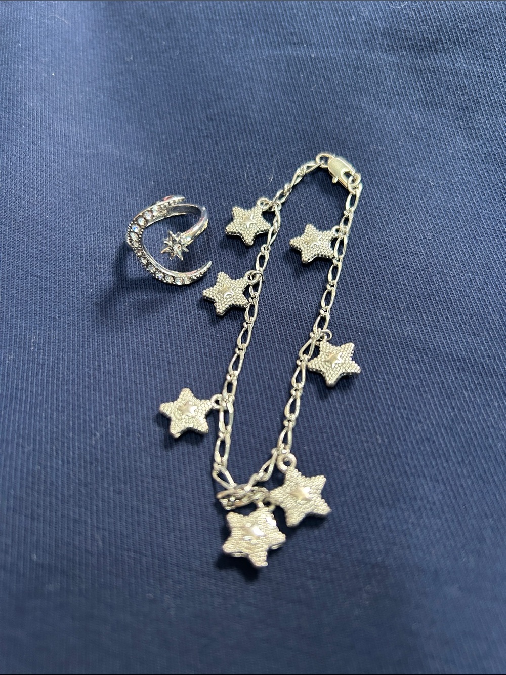 Silver Star Charm Bracelet with Crescent Moon Ring - Silver